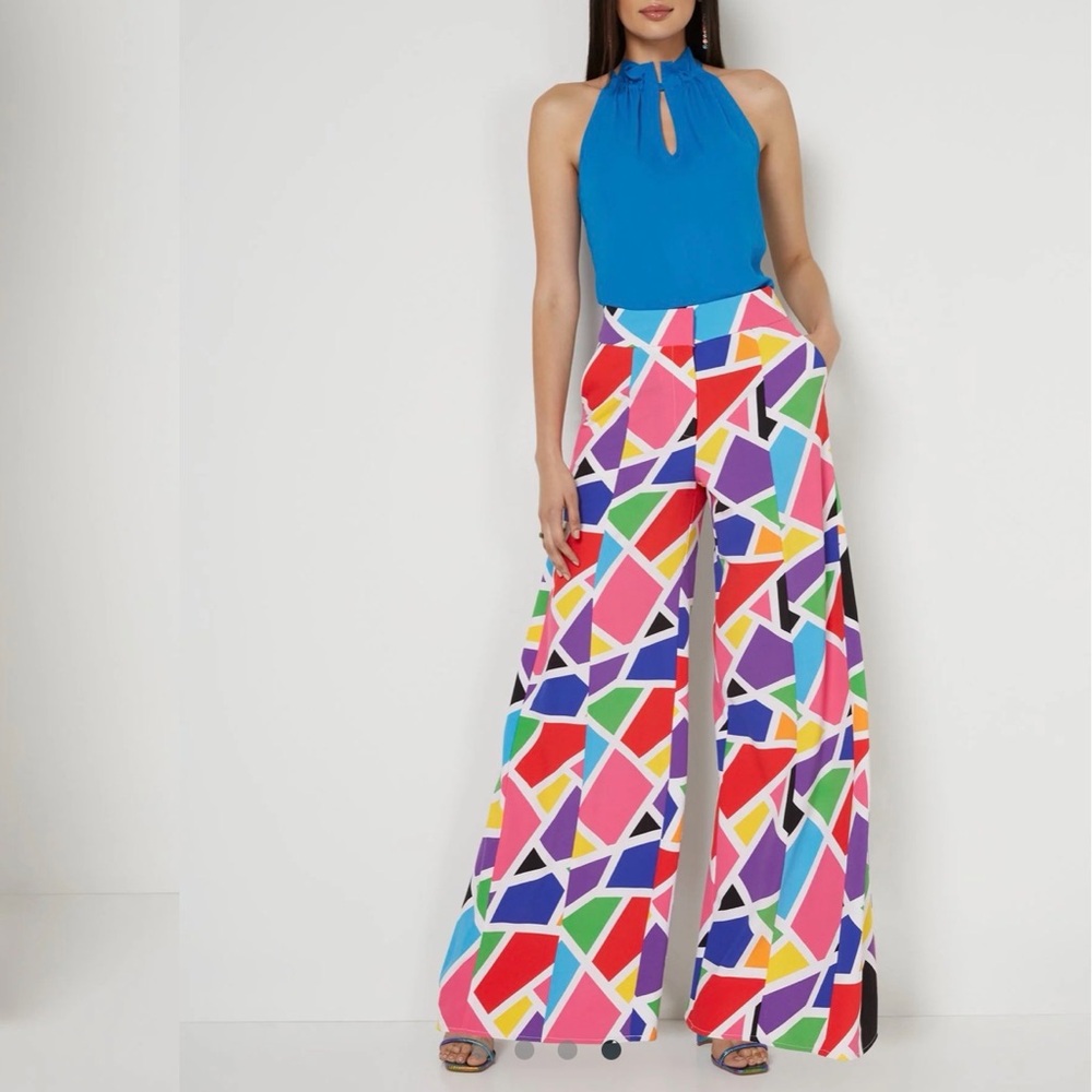 Colorful Geometric Women's High Waisted Wide Leg Pants Large